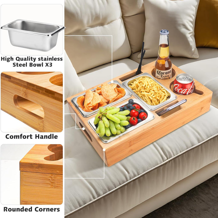 Couchbar Snackbox, Snackspender mit 3X Snackschalen, Abnehmbarer Deckel, Sofatablett aus Holz, Couch