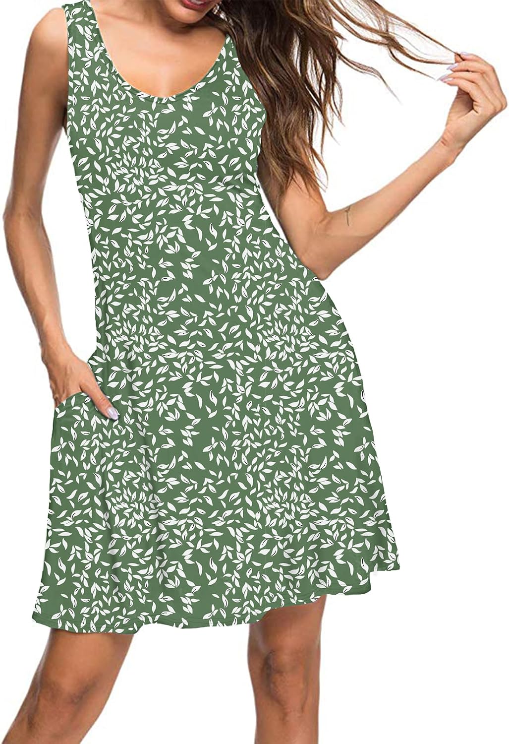 AUSELILY Sommerkleid Damen Ärmellose Strandkleid Leicht Swing Kleid V Ausschnitt Mini Kleid Hoja Oli