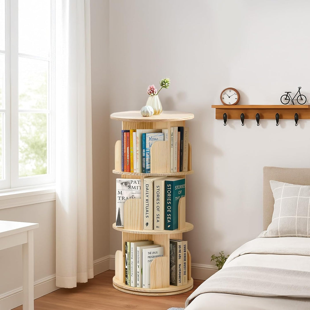 Youyijia Kinder Bücherregal Drehbar, 3 Ebenen Holz Bücherregal, Freistehendes Drehregal für Kinderzi