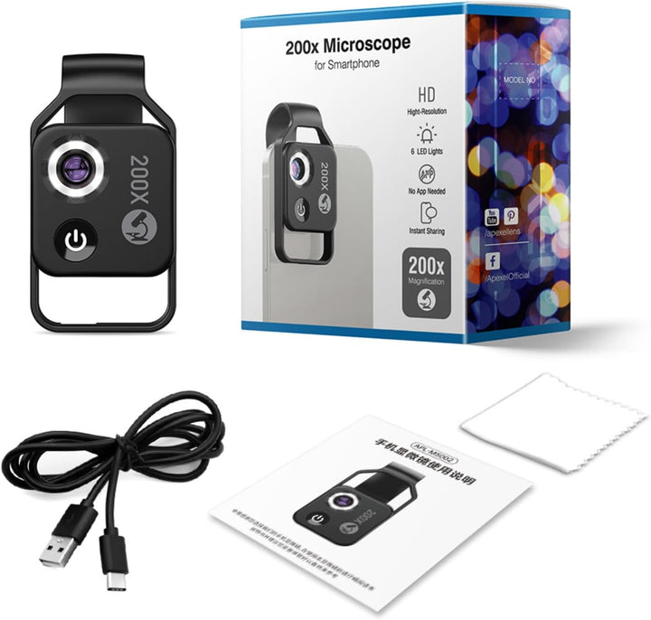 Taschen-Telefon Mikroskope, 200X Zoom-Clip auf Mikroskope Lupe mit CPL-Linse & LED-Licht, Tragbare M
