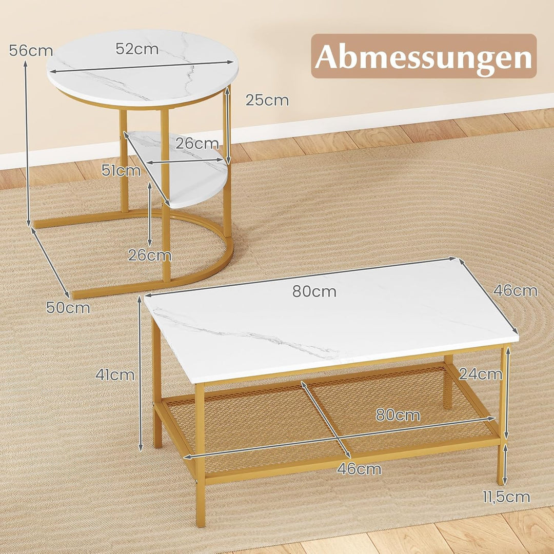 COSTWAY 2er Set Couchtisch, Beistelltisch Marmor Optik mit Metallrahmen & Ablage, Kaffeetisch Wohnzi