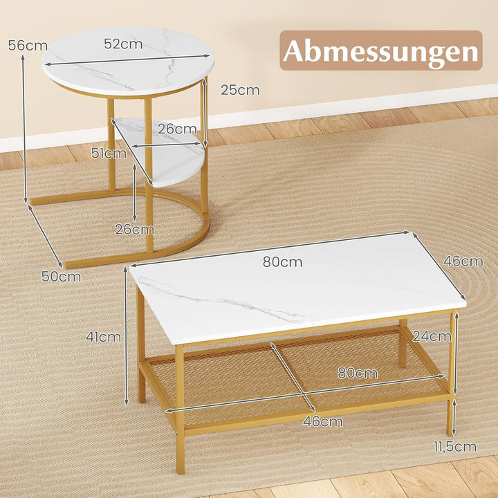 COSTWAY 2er Set Couchtisch, Beistelltisch Marmor Optik mit Metallrahmen & Ablage, Kaffeetisch Wohnzi