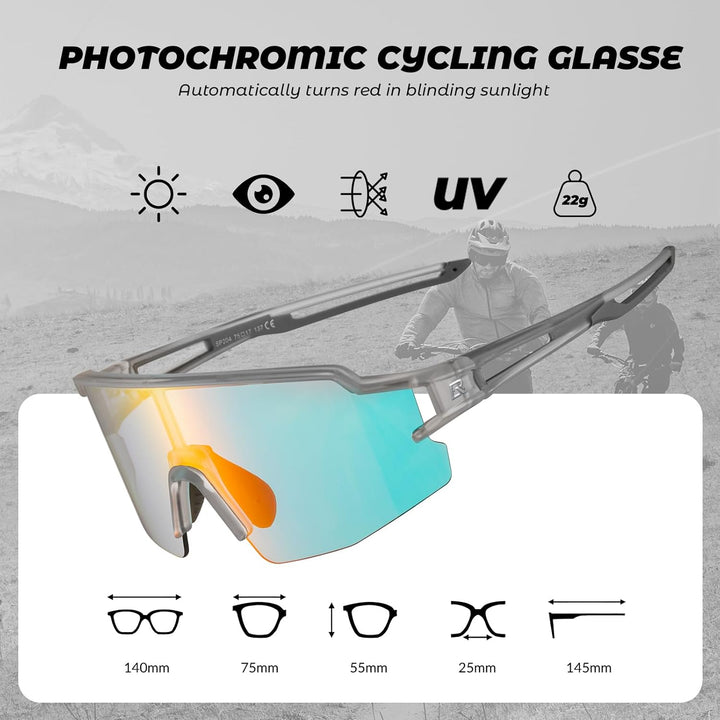 ROCKBROS Fahrradbrille UV 400 Sonnenbrille Photochromatisch Brille Klar Winddicht Sportsbrille für O