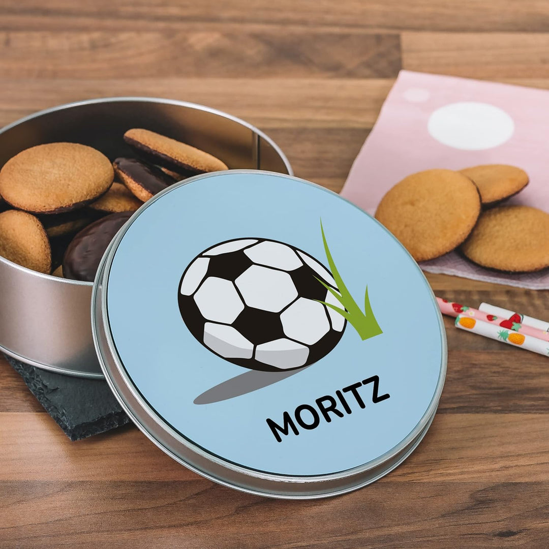 STEMPEL-FABRIK Geschenkdose Rund mit Aufdruck - Motiv Fussball - Personalisiertes Geschenk - Keksdos