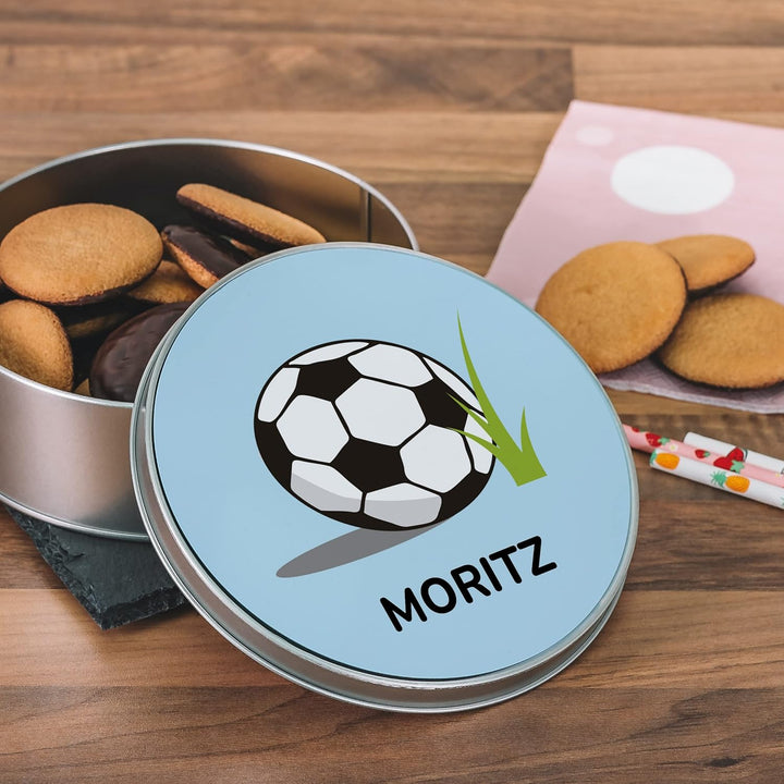 STEMPEL-FABRIK Geschenkdose Rund mit Aufdruck - Motiv Fussball - Personalisiertes Geschenk - Keksdos