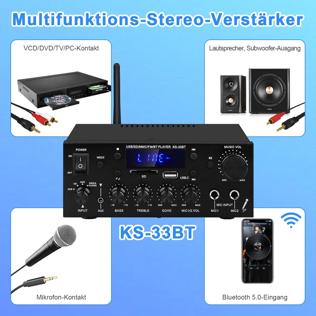 Audio-Verstärker für Zuhause, KS-33BT 2-Kanal Bluetooth5.0 HiFi-Verstärker, RMS 60W X 2 Max 400W X 2