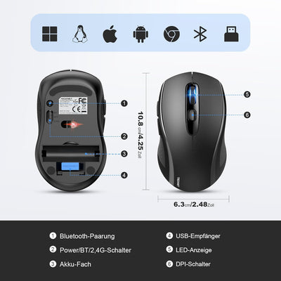 TECKNET Maus Kabellos, Bluetooth Maus (Tri-Mode: BT 5.0/3.0+2.4GHz) Funkmaus mit USB-Empfänger, Ergo