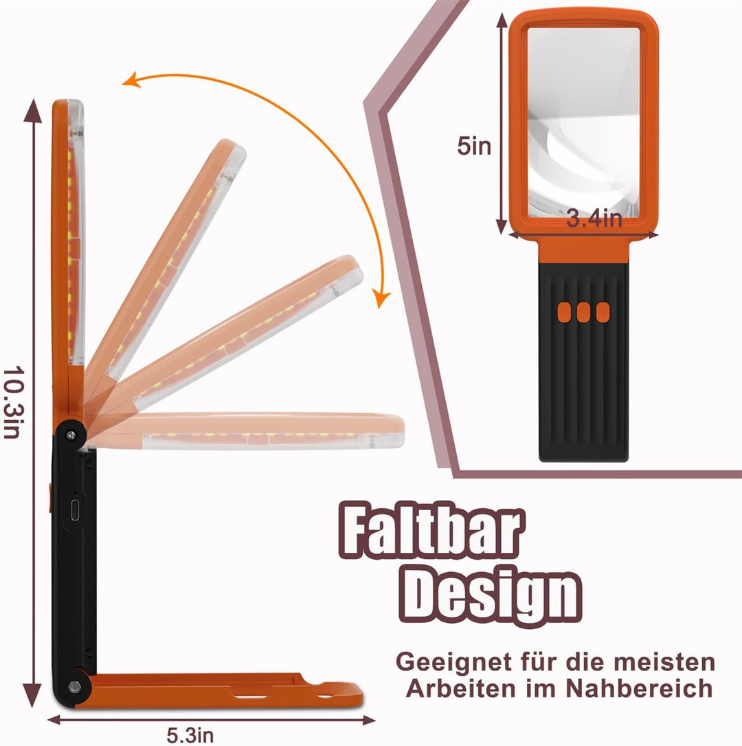 10X Lupe mit Licht und Ständer, Echtglaslinse Leselupe, Wiederaufladbare, Faltbare Grosse Handlupe,