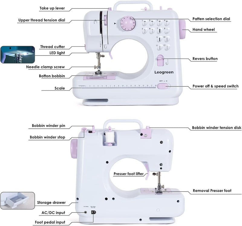 Nähmaschine für Anfänger und Kinder, 12 Stichmuster, Nähmaschine Klein mit Fusspedal Nählicht Elekt,