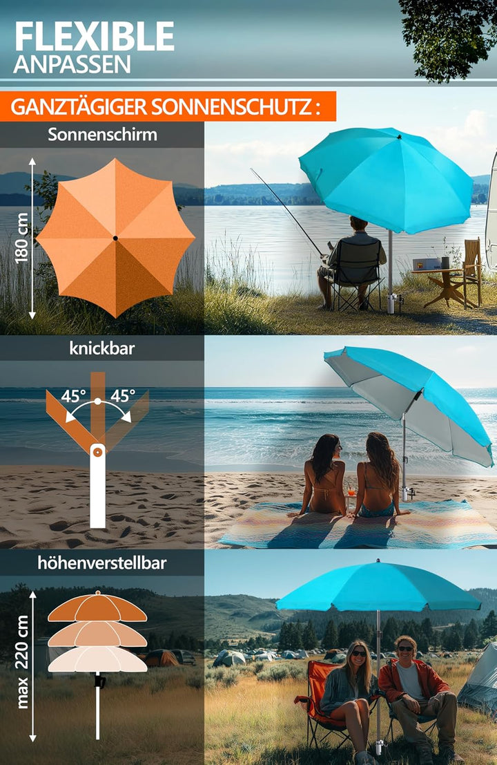 4smile Sonnenschirm Strand Ø 200 cm mit Eindrehbodenhülse, Türkis | Strandschirm windfest stabil mit