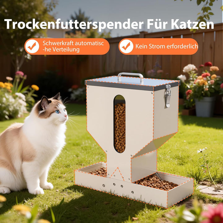 Futterautomat Katze 2 Näpfe, Trockenfutterspender für Katzen, 10l, Metall, Futterspender für Katzen