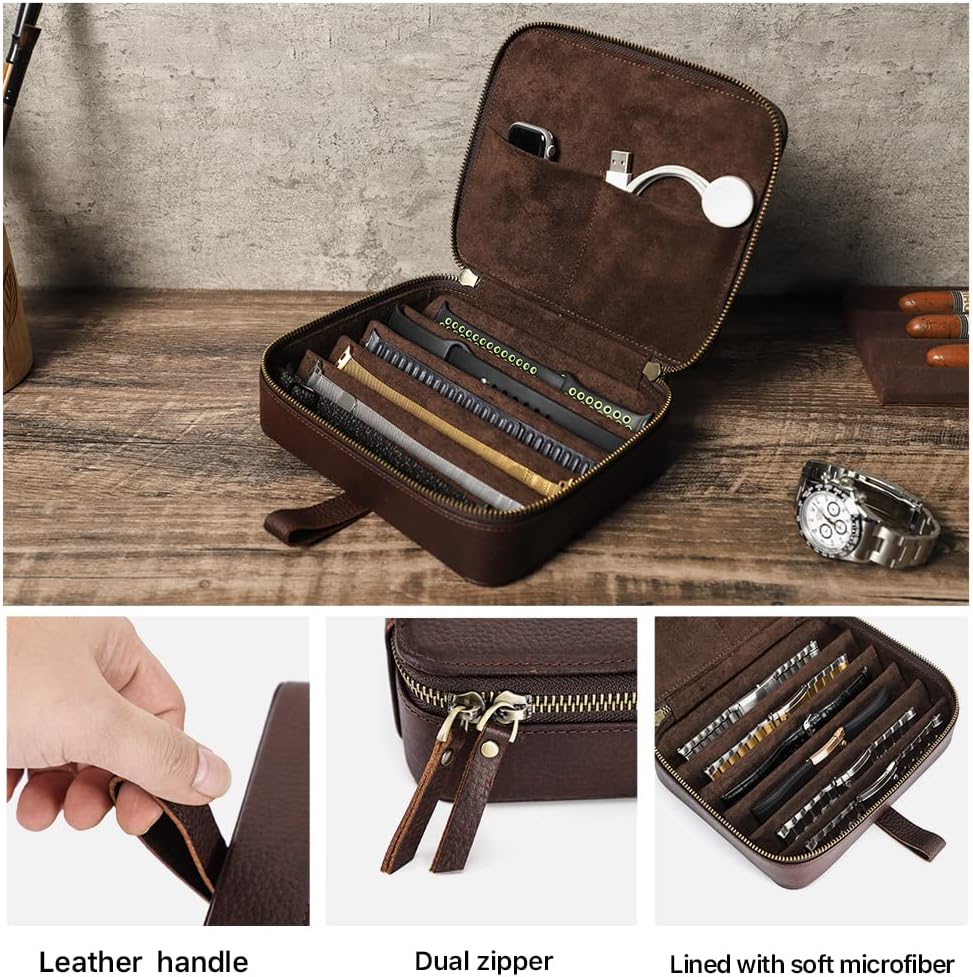 Hiram Uhrenarmbänder, Organizer, Leder, 6 Uhrenarmbänder, Reiseetui mit Griff, tragbare Uhrenarmband