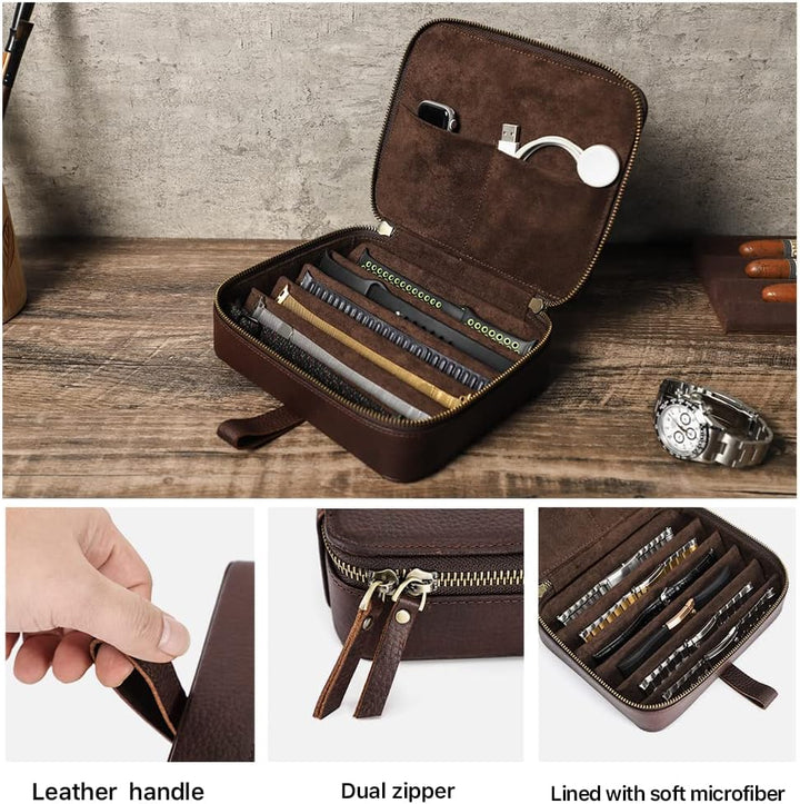 Hiram Uhrenarmbänder, Organizer, Leder, 6 Uhrenarmbänder, Reiseetui mit Griff, tragbare Uhrenarmband