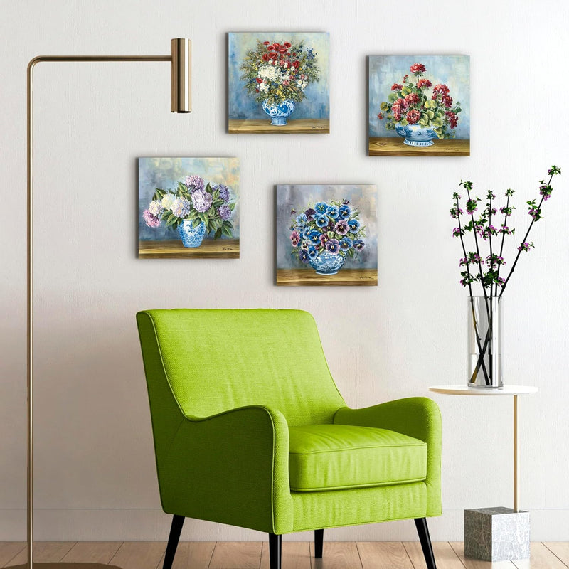 ARTLAND Leinwandbilder auf Holz Wandbild Bild Set 4 teilig je 40x40 cm Quadratisch Natur Blumen Male