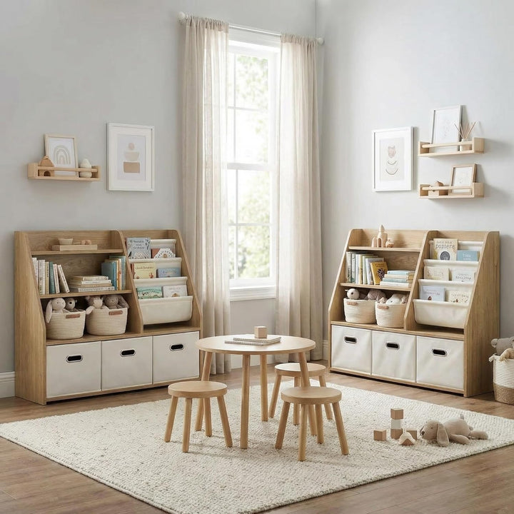 Kinder Bücherregal mit Aufbewahrung – 4‑stufiges Montessori Spielzeugregal aus Holz mit 3 Schubladen
