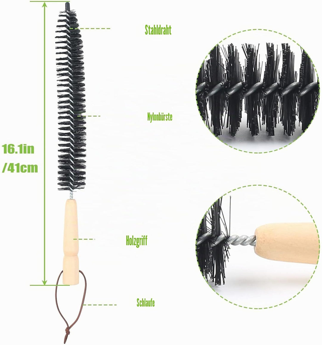 24 Stk Kaminbürste Stange Set mit 18 Flexible Stangen 410 mm+ 2 Bürstenköpfen 150mm + 1 Lange Holzbü