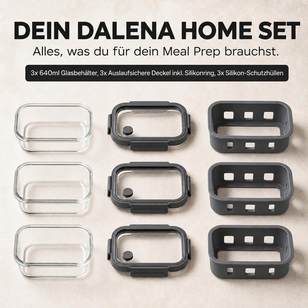 Meal Prep Boxen Set 3x640ml – Borosilikatglas, auslaufsicher, stapelbar, mikrowellengeeignet, mit Si