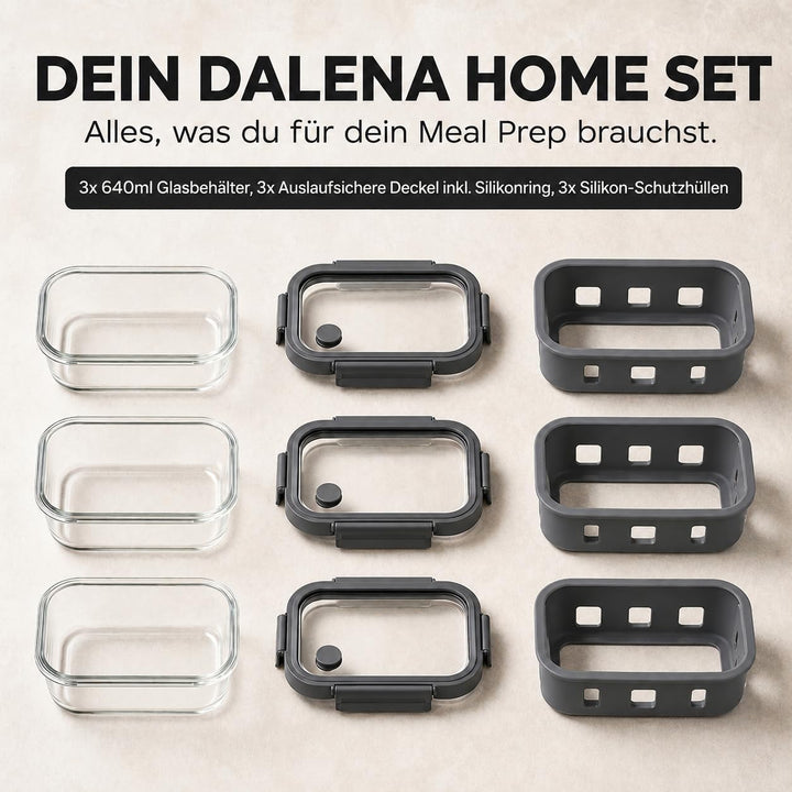 Meal Prep Boxen Set 3x640ml – Borosilikatglas, auslaufsicher, stapelbar, mikrowellengeeignet, mit Si