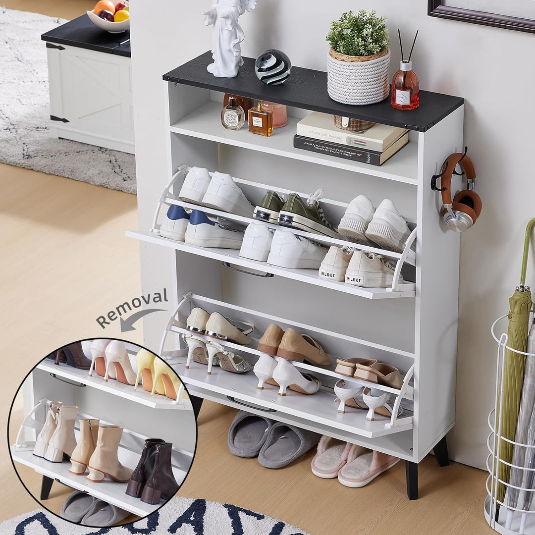 LELELINKY Schuhschrank mit 2 Klapp-Schubladen – Landhaus weiss Schuhorganizer für Flur – Schmaler Sc
