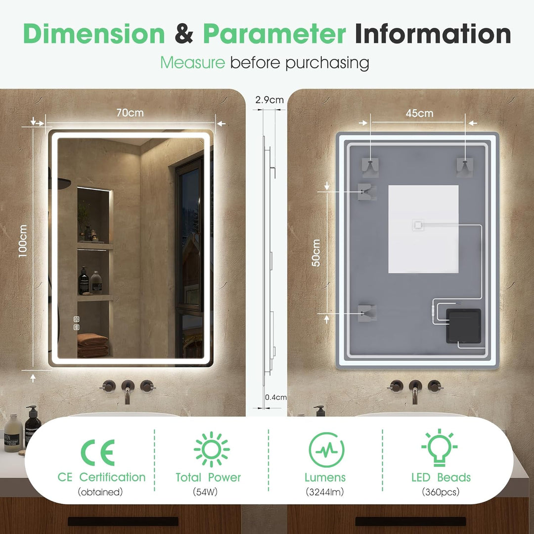 S'bagno Badspiegel mit Beleuchtung 1000x700mm,LED Badezimmerspiegel mit Speicher, Entfoggen, 3000K/4