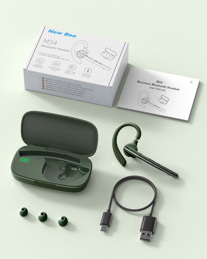 New Bee Bluetooth Headset mit 72h Spielzeit Bluetooth V5.1 Freisprech Headset Handy mit LED Ladecase