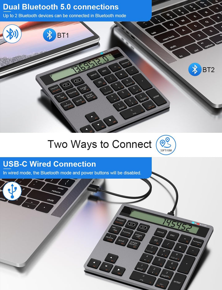Bluetooth Nummernblock Taschenrechner Wiederaufladbar - 2-in-1 Kabelloser & Kabelgebundener Ziffernb