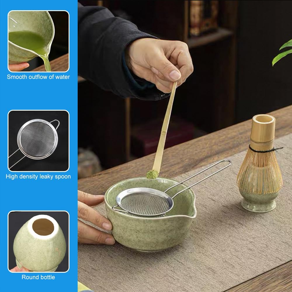 5 Stück Matcha Set, Keramik Matcha Schale mit Ausgiesser, Bambus Matcha Besen, Matcha Whisk, Schaufe