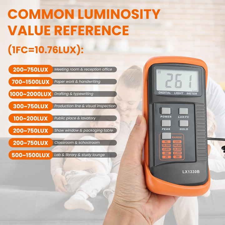 LX1330B Beleuchtungsstärkemessgerät LCD-Display Digitales Luxmeter 0,1 bis 200.000 Lux Photometer Ha