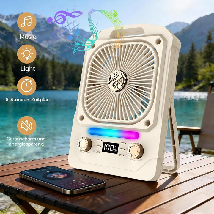 IERAKOR Tischventilator Leise mit Bluetooth, Akku Mini Ventilator 6000mAh | Bluetooth Lautsprecher,