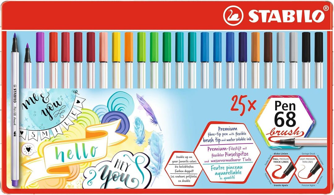 Premium-Filzstift mit Pinselspitze für variable Strichstärken - STABILO Pen 68 brush - 25er Metallet