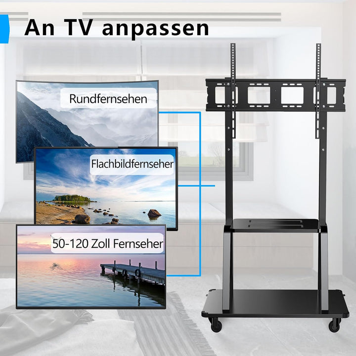 JXMTSPW TV Ständer Rollbar für 32-120 Zoll Fernseher, TV Wagen mit Tablett, Fernsehständer Höhenvers