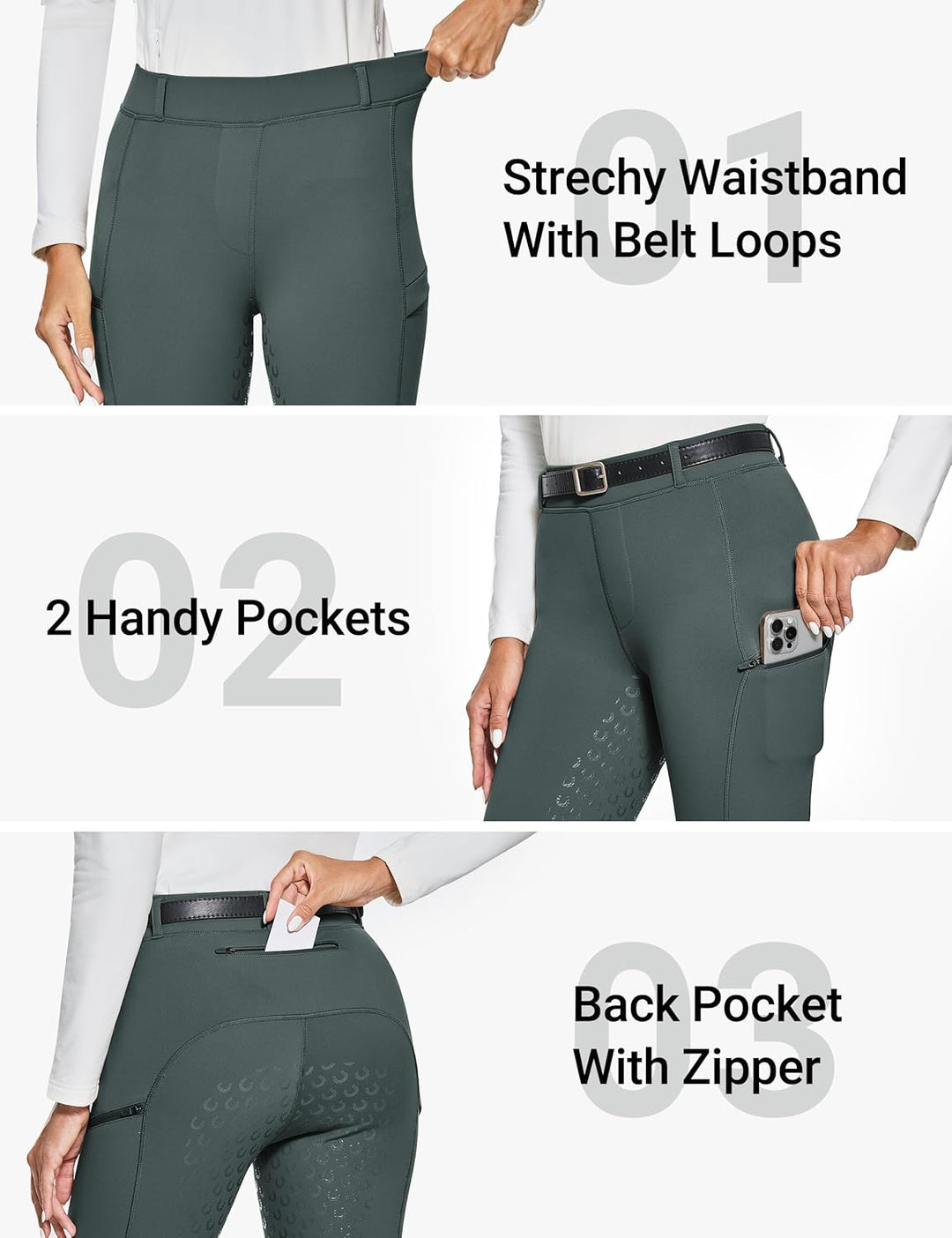 FitsT4 Sports Damen Winterreitleggings Fleece-Reithose Silikon Vollbesatz Reithose mit Reissverschlu