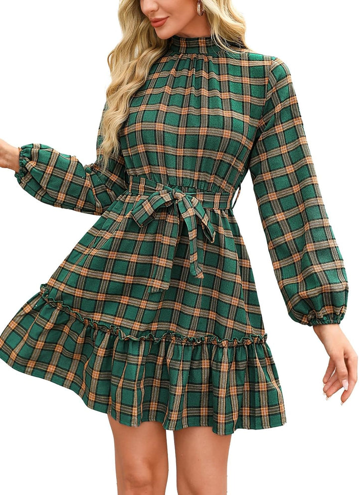 CUPSHE Damen Kleid High Neck Langarm Blumenmuster Kurzes Minikleid Freizeitkleider Party Tunika Dres