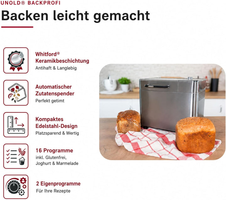 UNOLD Brotbackautomat BackProfi 68476 – Brotbackmaschine mit Nussspender, 18 Programme, Touchscreen,