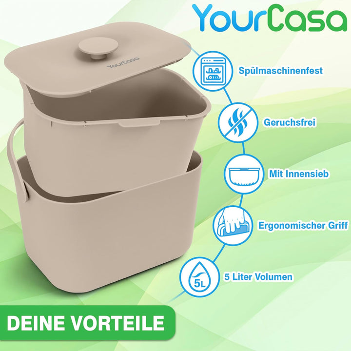 YourCasa Biomülleimer Küche 5L - Komposteimer für alltäglichen Biomüll Behälter - Spülmaschinenfest