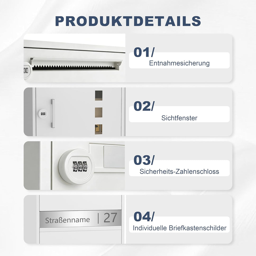 Paketbriefkasten Metall mit Zahlenschloss personalisiert | Paketbox Weiss lasergraviertes Namensschi