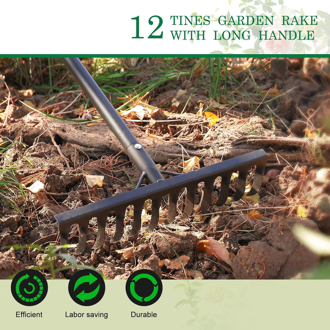 RAK Garten Rechen 189 cm, Metall Rechen Garten mit Stiel, Harke mit 12 Stahlzinken zum Lockern von B