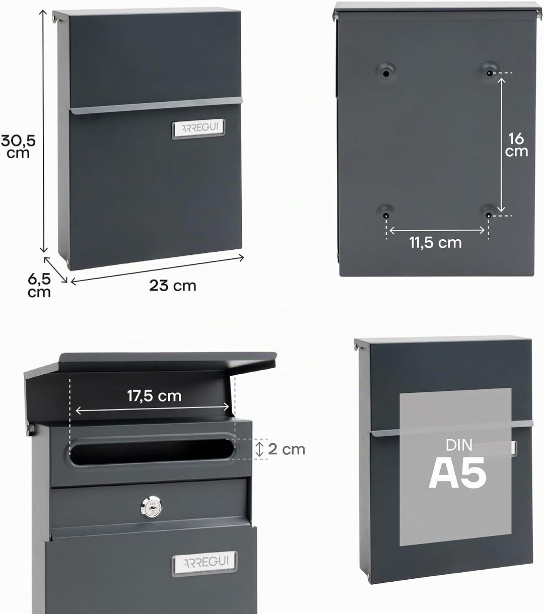 ARREGUI Line E6805 Briefkasten für den Aussenbereich aus Stahl, klein, Grösse S (Din A5), Wandmontag