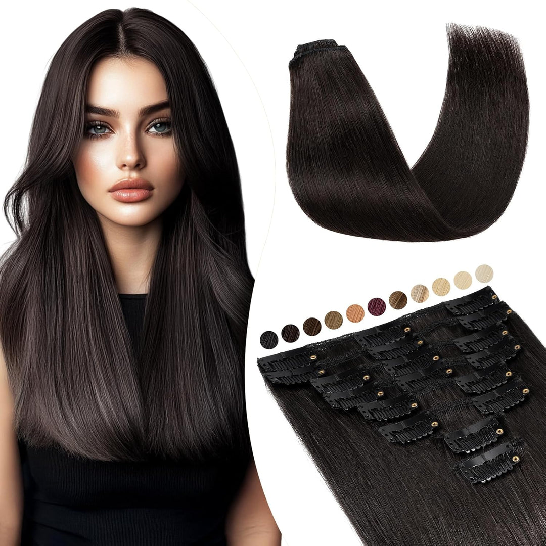 Elailite Extensions Echthaar Clip in 8 Tressen Glatt #1B Naturschwarz Haarverlängerung Real Human Ha