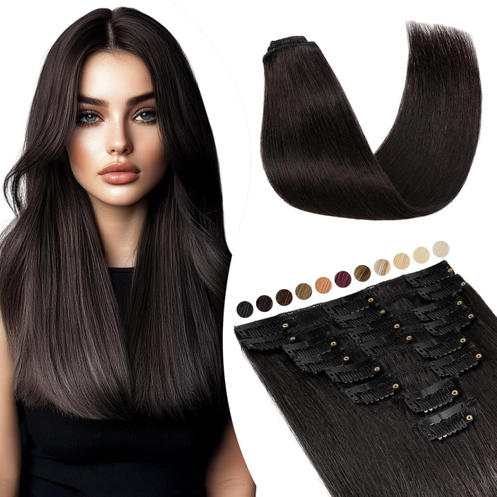 Elailite Extensions Echthaar Clip in 8 Tressen Glatt #1B Naturschwarz Haarverlängerung Real Human Ha