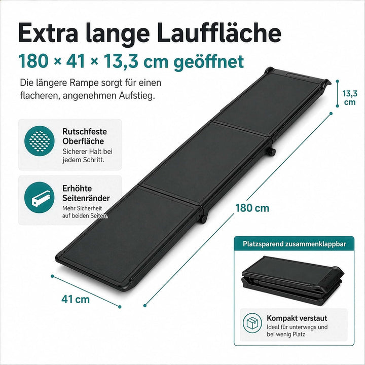 Wiltec Hunderampe 180 x 40 cm 50 kg 3-Fach faltbar rutschfeste Autorampe für Hunde, klappbare Einsti