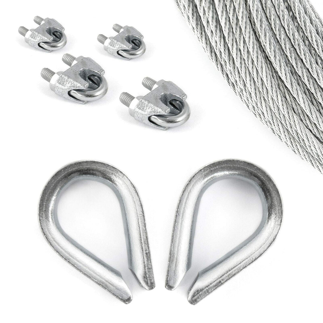50m DRAHTSEIL SET 5mm 6x7+FC + 4 x SEILKLEMMEN 5mm DIN 741 + 2 x KAUSCHE 5mm verzinkt Stahlseil Fors