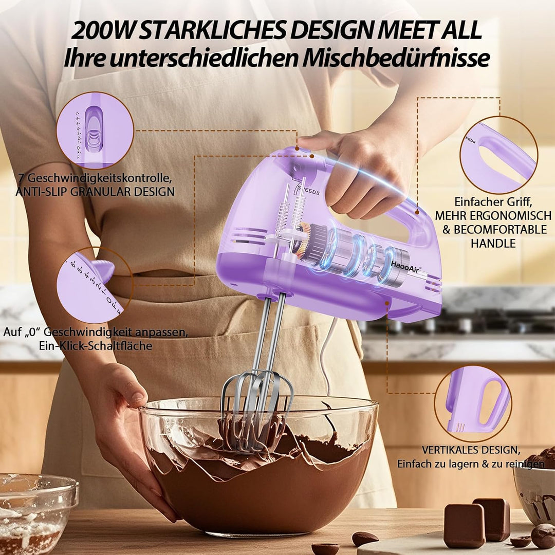 Handmixer, 7-stufig einstellbarer Küchenmixer, 304 Edelstahl-Zubehörteile (1X Schneebesen, 2X Knetha