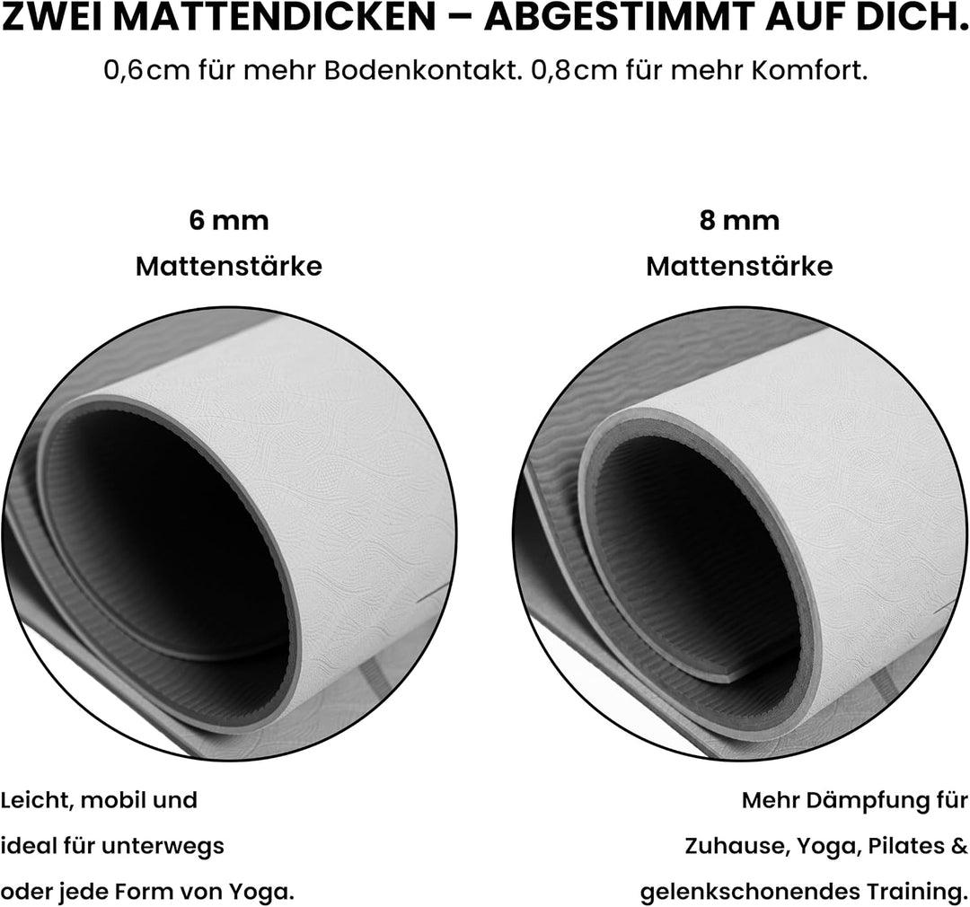 Yoga Matte – Rutschfeste Sportmatte in Deutschland entwickelt – 2 Komfort-Dicken – Formstabile Yogam
