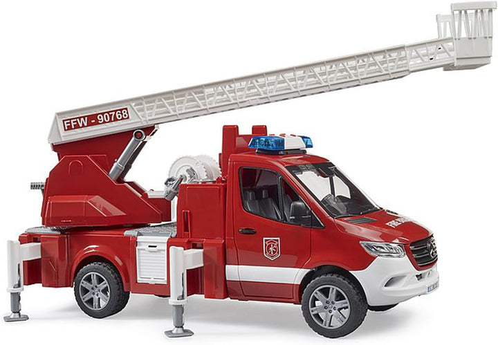 bruder 02673 - Mercedes-Benz Sprinter Feuerwehr mit Drehleiter Pumpe und Light & Sound Modul bworld