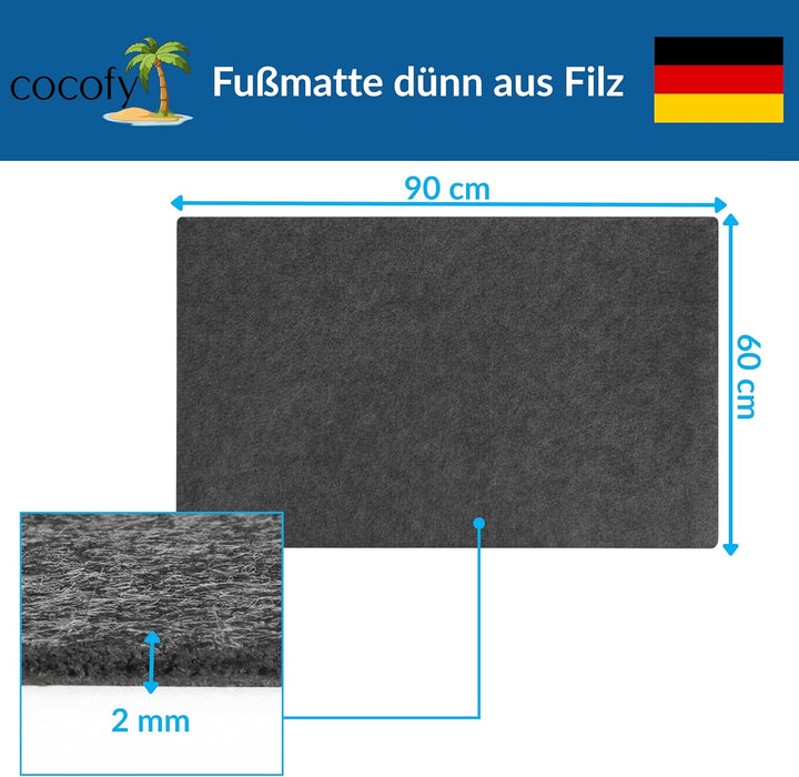Fussmatte dünn 2 mm extra flach 60x90 cm, Schmutzfangmatte dünn innen, dünne Fussmatte aus Filz mit