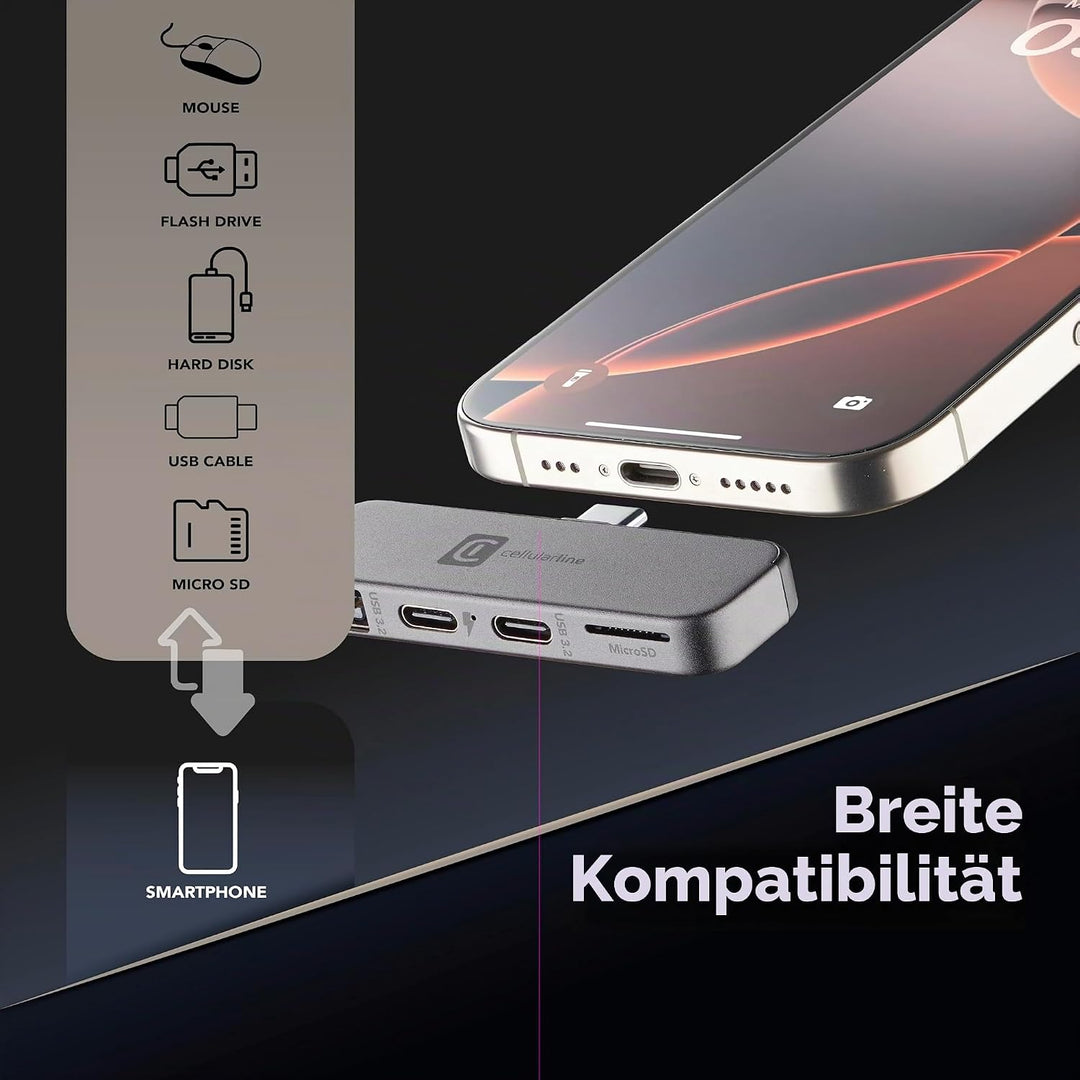 Cellularline Smartphone HUB – USB-C-Adapter mit 4 Anschlüssen (USB, 2X USB-C, Micro SD), Kompatibel