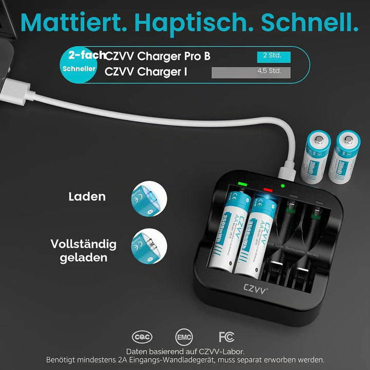 czvv Wiederaufladbare Batterien AA Lithium 1,5V - Hoher Kapazität 3500mWh - 1300 Ladezyklen - 4 Stüc