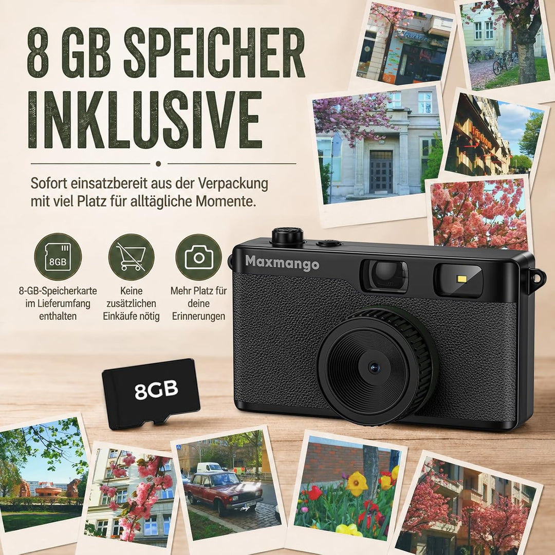 Maxmango D53 Retro Digitalkamera 12 MP ohne Bildschirm,mit 4 Filtern,8GB SD Schwarz, Schwarz