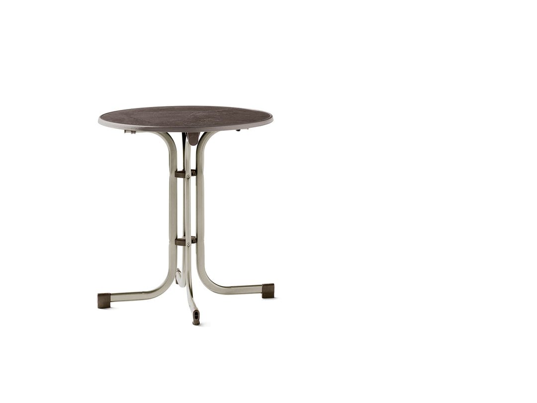 SIEGER Boulevard-Klapptisch mit Mecalit-PRO-Platte. Plattenmass ca. 70cm ø 4 Beine, Champagner, Schi